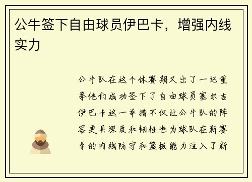 公牛签下自由球员伊巴卡，增强内线实力