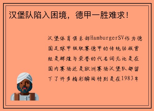 汉堡队陷入困境，德甲一胜难求！